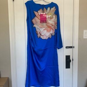 Zara Blue Satin-Feel Off-the-Shoulder Midi Dress